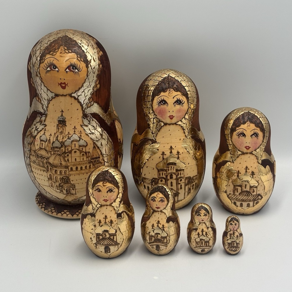 Signed Matryoshka‎ Russian Nesting Dolls Wood Burned w/ Gold Architectural Motif